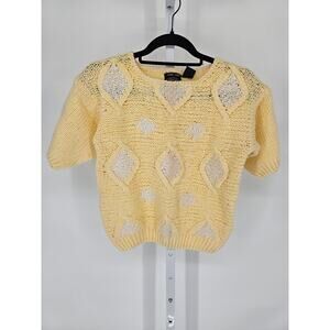 Vtg Chelsea Place Womens Sz L Hand Knit Cropped Short Sleeve Sweater Yellow